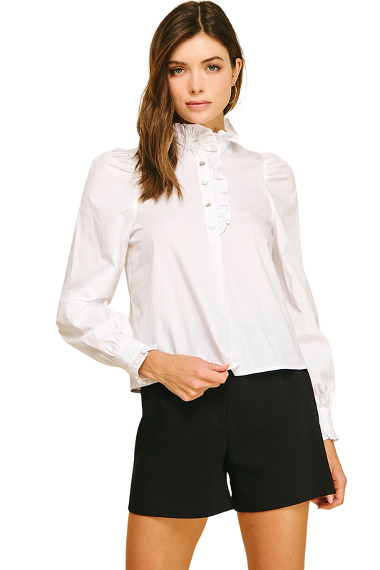 Apparel- Pinch Ruffled Block Neck Blouse Top
