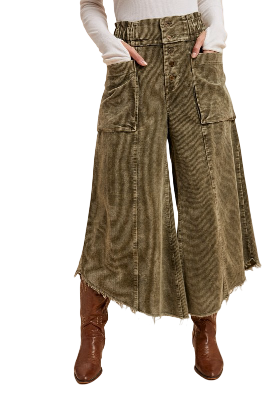 Apparel- Anniewear Mineral Wash Wide Leg Cropped Corduroy Jean Pants