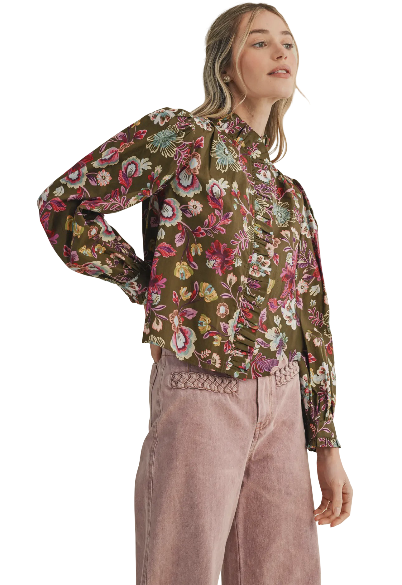 Apparel- En Merci Floral Print Ruffled Button Down Top