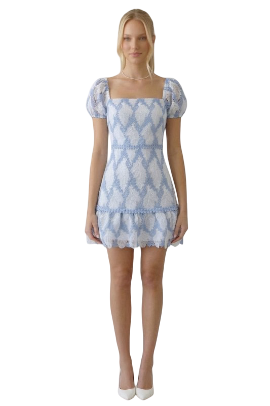 B. Right Square Neck Puff Sleeve Lace Mini Dress