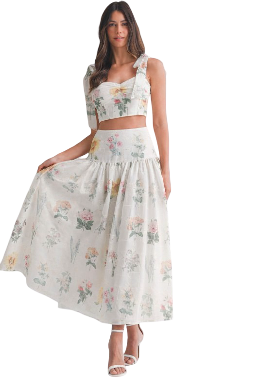 Mable Floral Eyelet Top and Midi Skirt Set