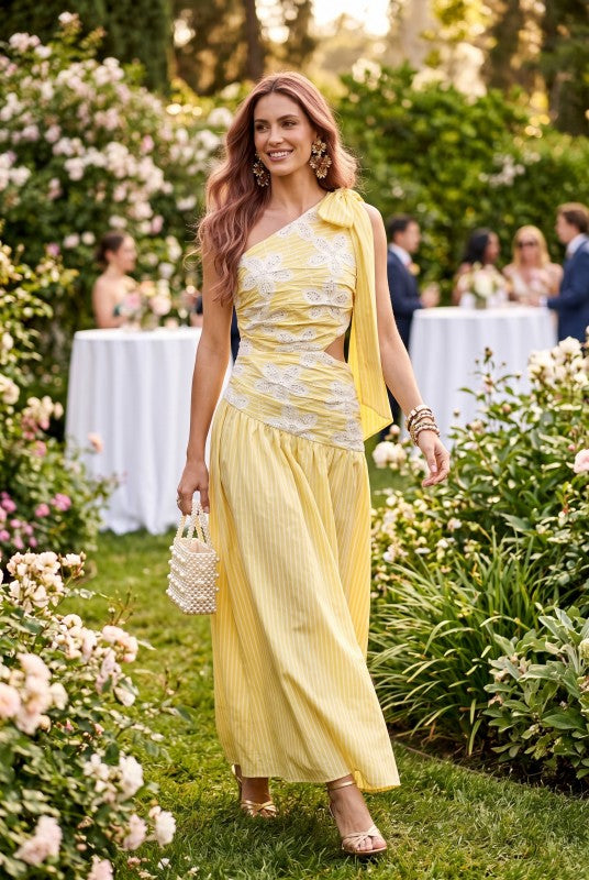 Baby Pink One Shoulder Embroidered Maxi Dress