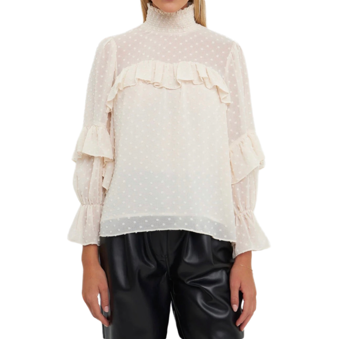 Apparel- English Factory Swiss Dot Chiffon Ruffle Blouse