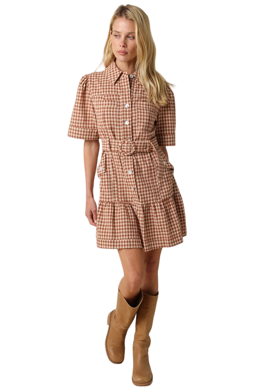 Olivaceous Erika Checkered Belted Mini Dress