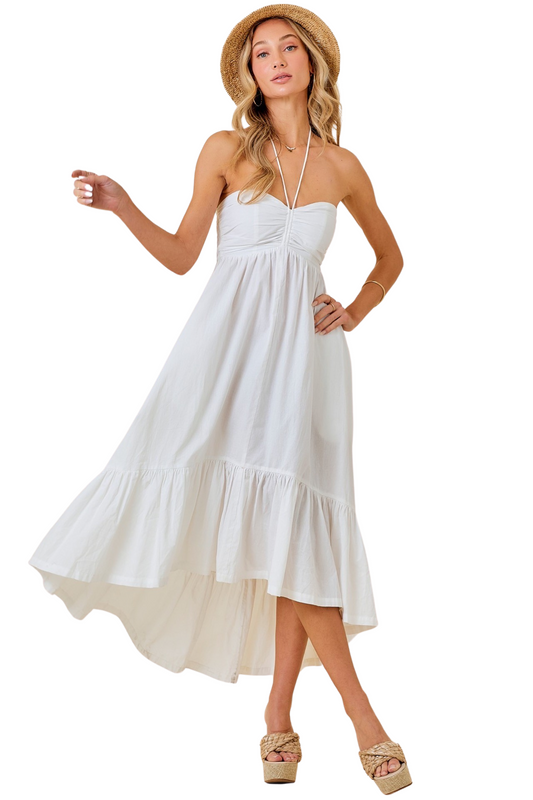 Apparel- Day+Moon Ruched Halter Midi Dress With Ruffled Hem