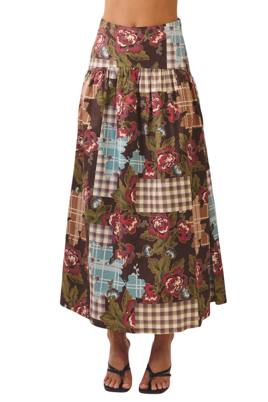 TCEC Floral Plaid Patchwork Maxi Skirt