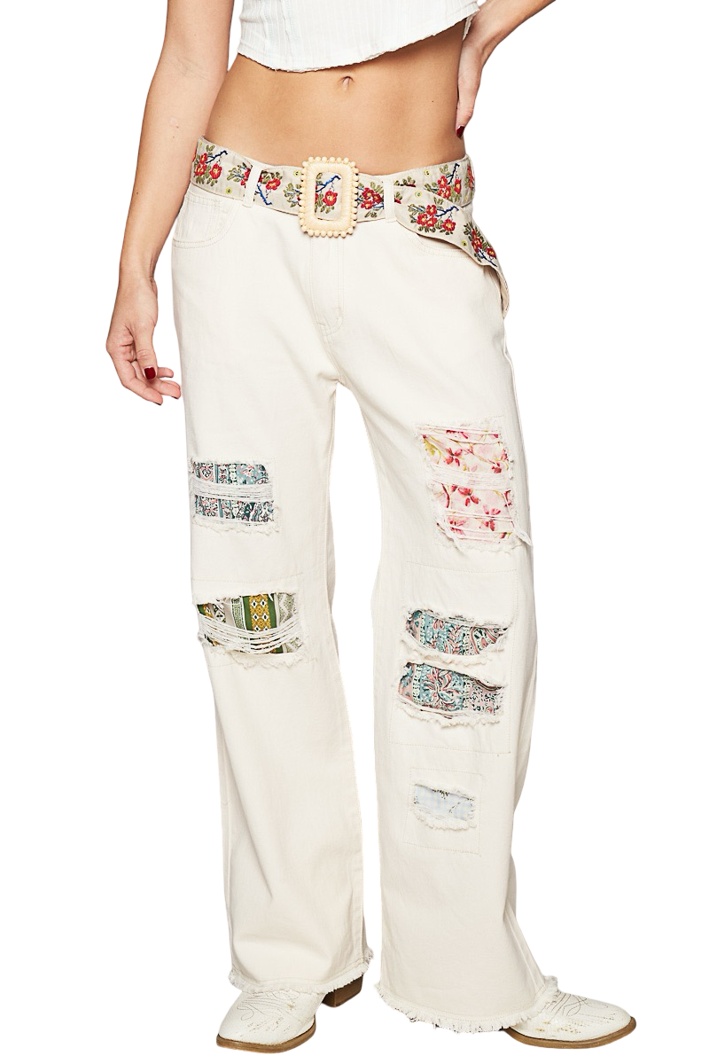 Pol Woven Embroidered Statement Sash Belt with Wood Bead Buckle