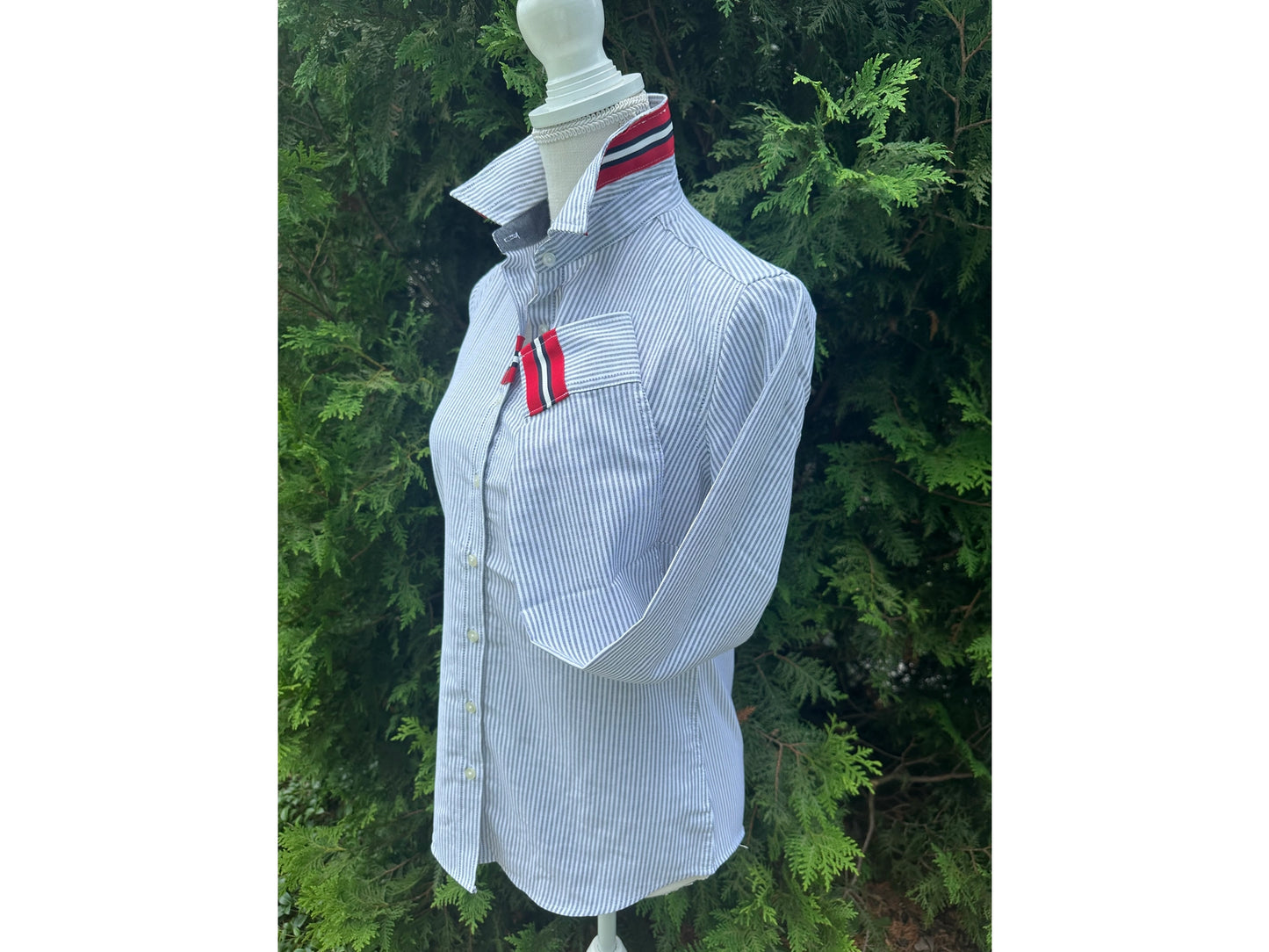 Pearly Vines Casie 2-  Striped Oxford with Black and Red Stripe Ribbon