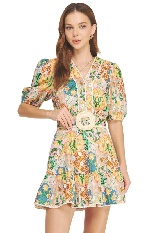 Apparel- Strut and Bolt Floral Puffed Sleeve Belted Mini Dress