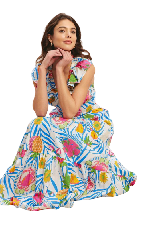 Flying Tomato Tropical Fruit V Neck Maxi Dress