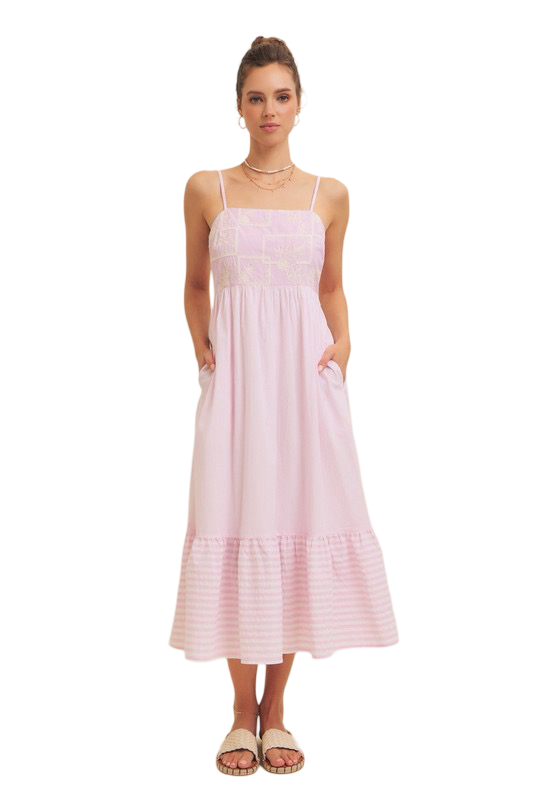 Apparel- In February Pastel Embroidered Striped Cami Midi Dress