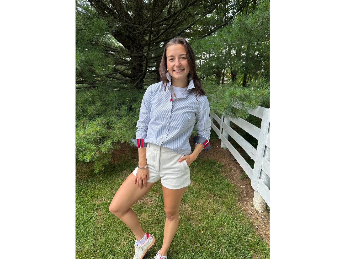 Pearly Vines Casie 2-  Striped Oxford with Black and Red Stripe Ribbon