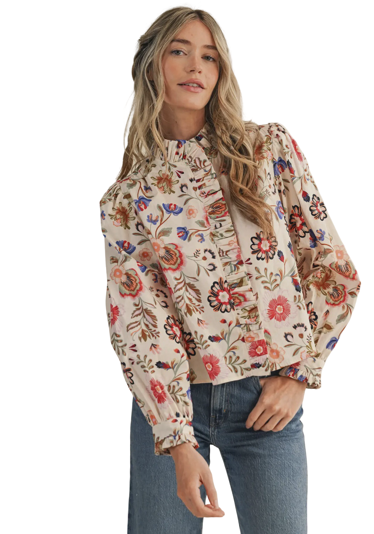 Apparel- En Merci Floral Print Ruffled Button Down Top