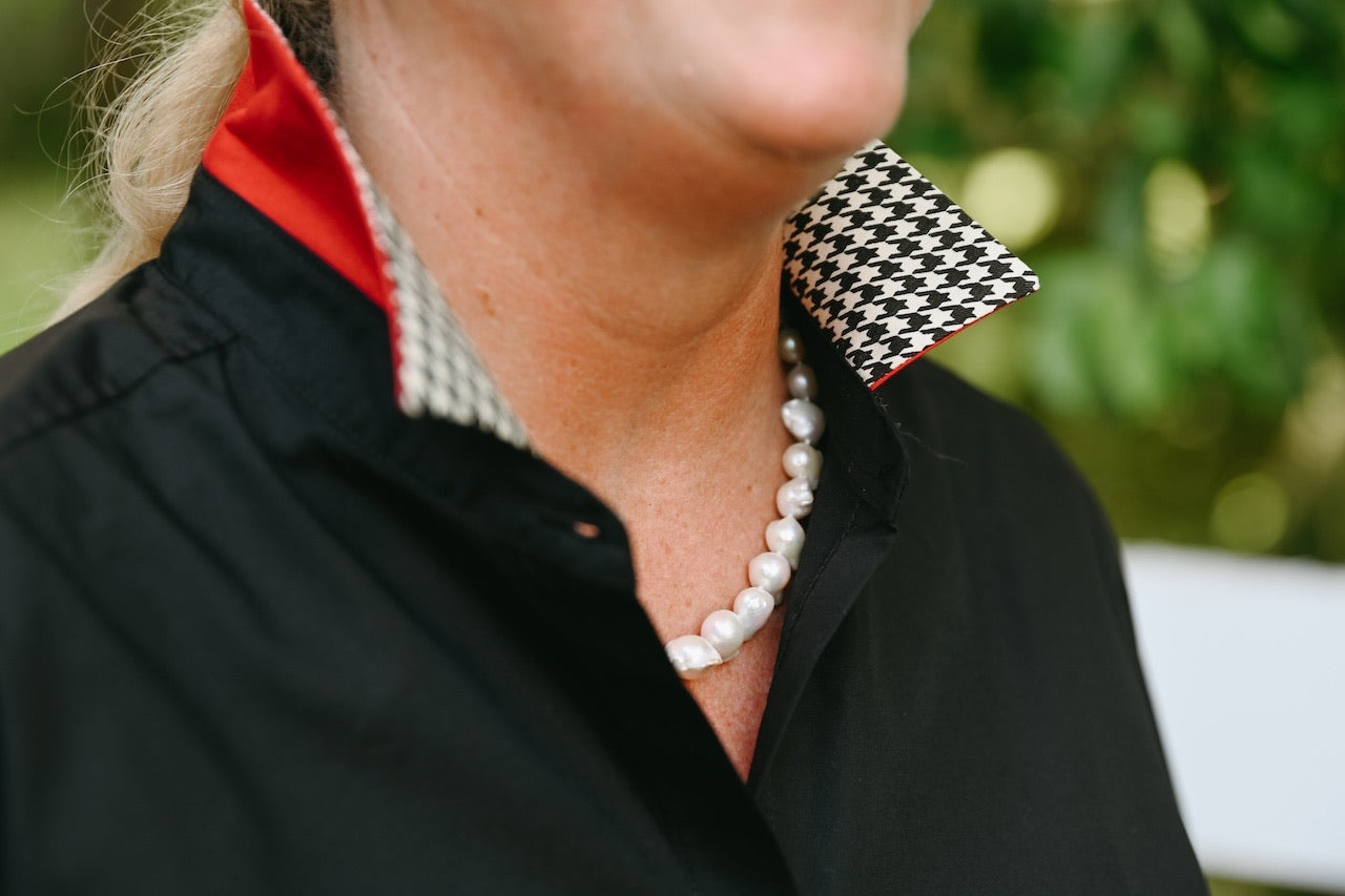 Apparel- Pearly Vines- Diana French Cuff Black w Red &Houndstooth Ribbon