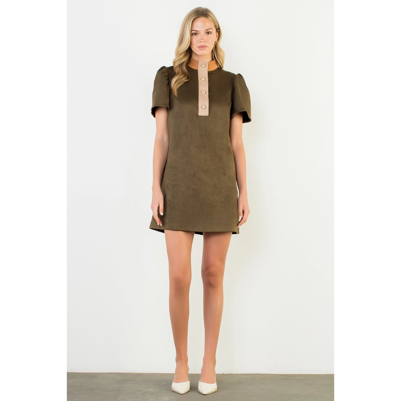 Apparel- THML Contrast Detail Short Sleeve Suede Mini Dress