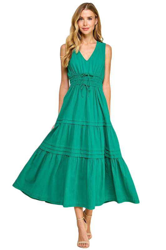 Apparel-TCEC Sleeveless V Neck with Bows Midi Dress