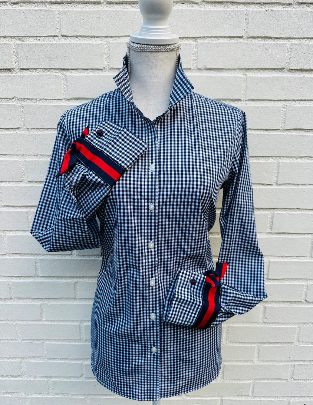 Apparel- Pearly Vines Audrey Ribbon FC Navy Gingham w/Navy and Red Ribbon