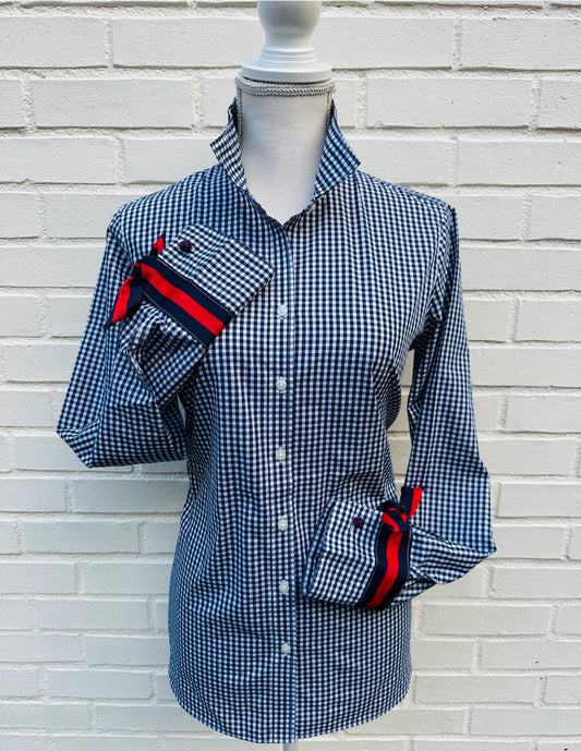 Apparel- Pearly Vines Audrey Ribbon FC Navy Gingham w/Navy and Red Ribbon