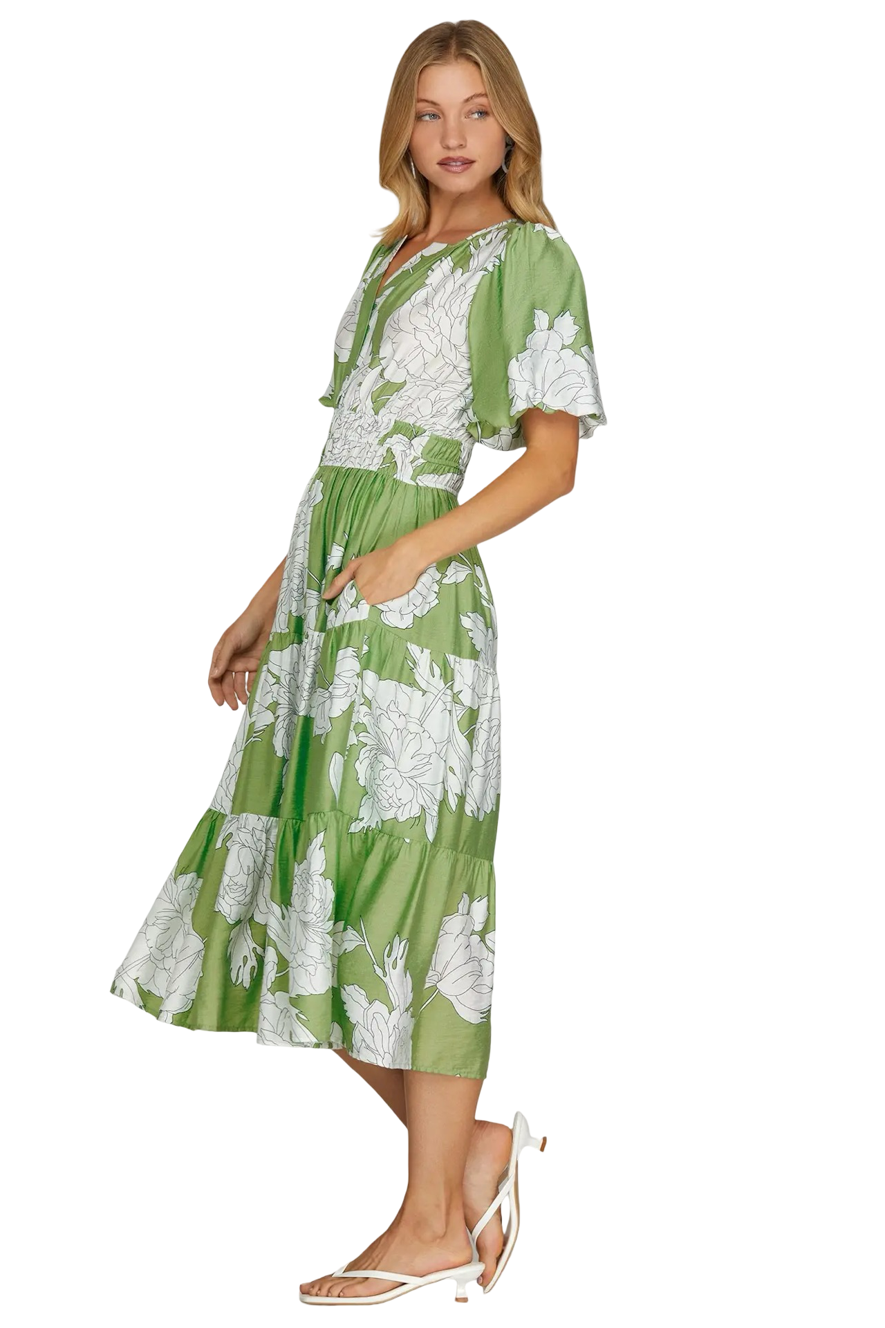 She+Sky Bubble Sleeve Floral Collard Midi Dress