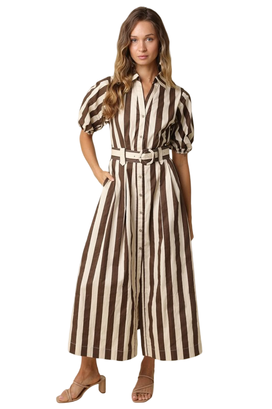 Olivaceous Cora Striped Belted Midi Dress