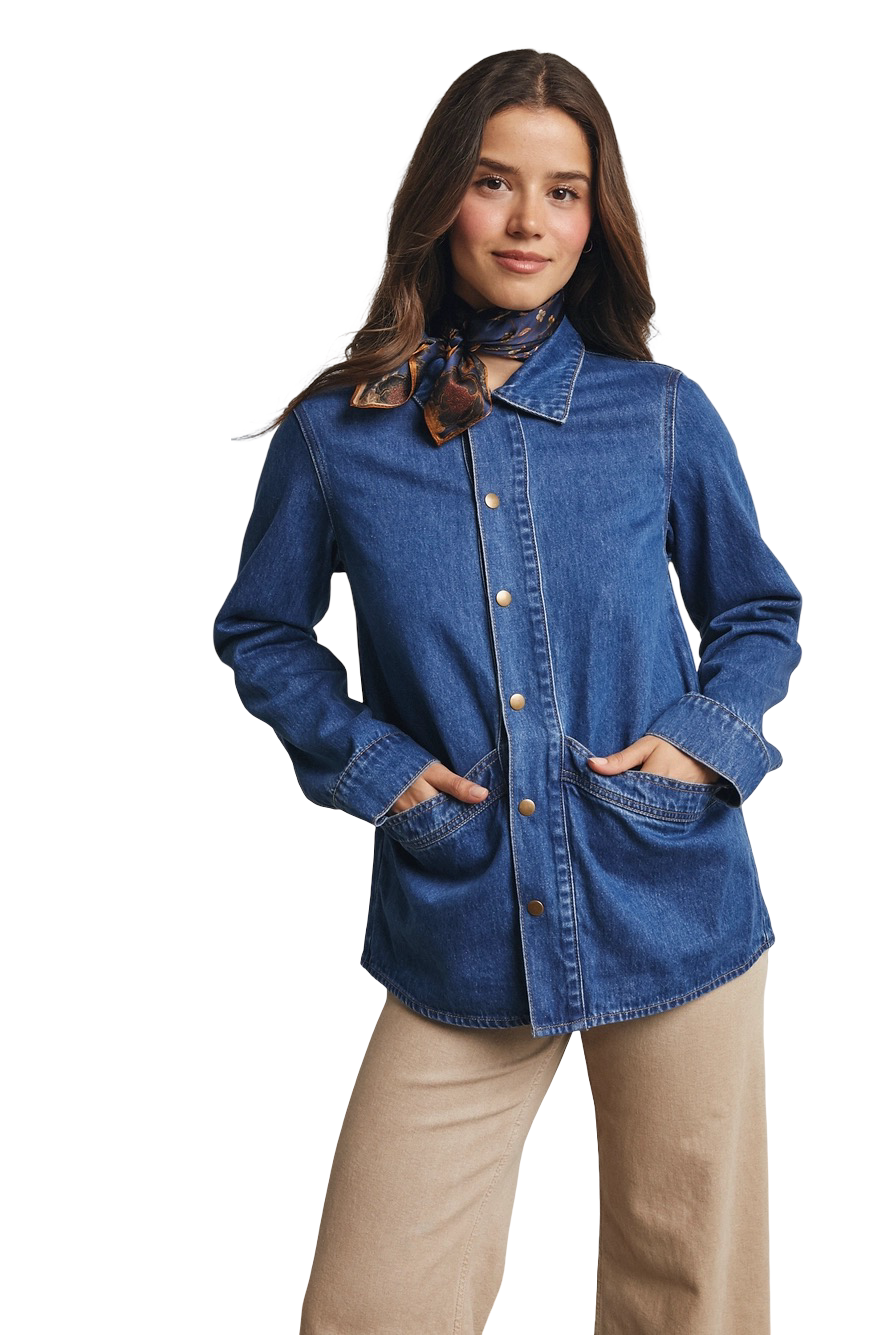 Apparel- Forte Utility Snap Washed Denim Jacket Top