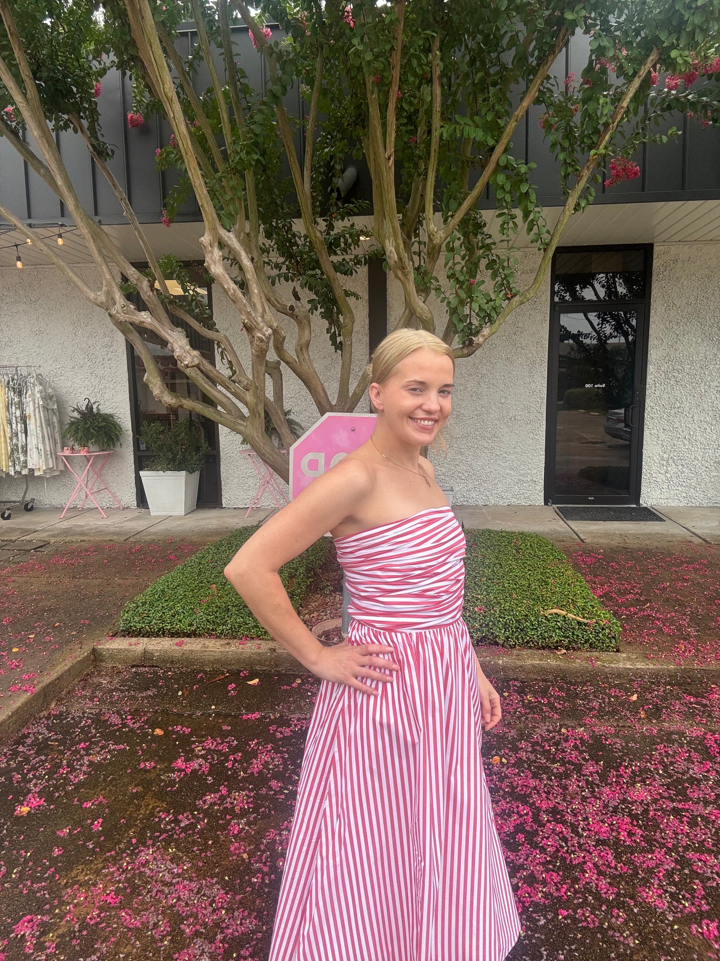 Needii Strapless Striped Ruched Bodice Maxi Dress