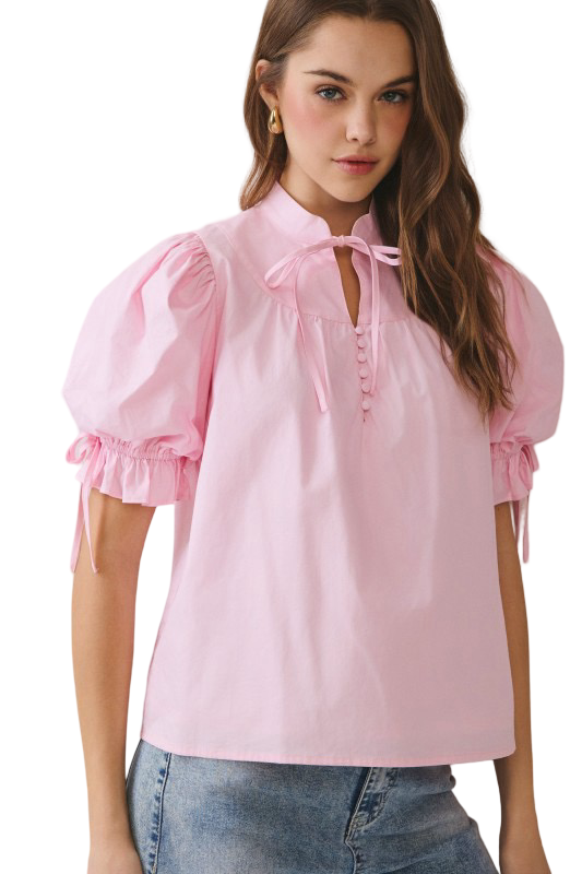 TCEC Stand Collar Tie Front Blouse Top