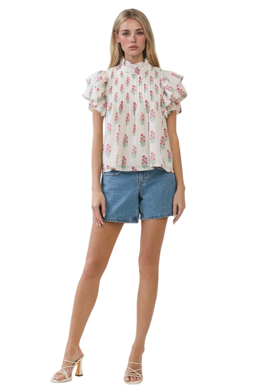 TCEC Floral Print High Neck Blouse Top