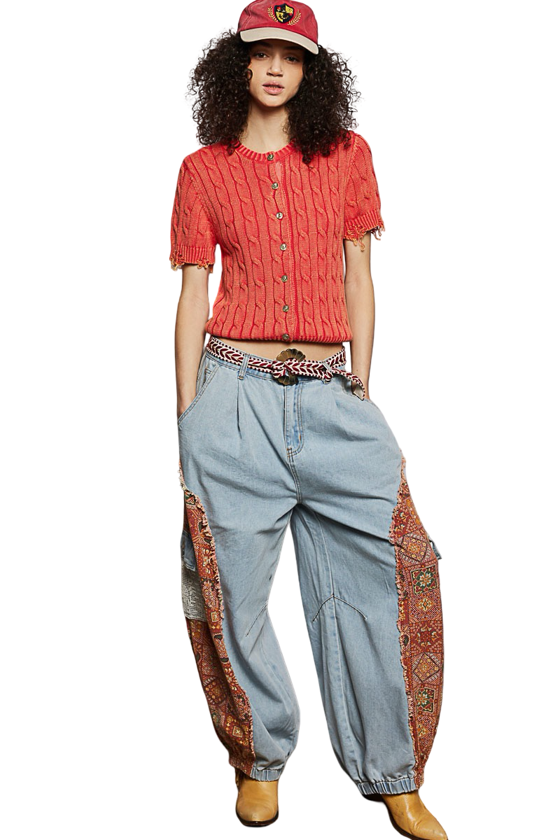 Pol Embroidered Leaf Sash Belt with Concho Buckle
