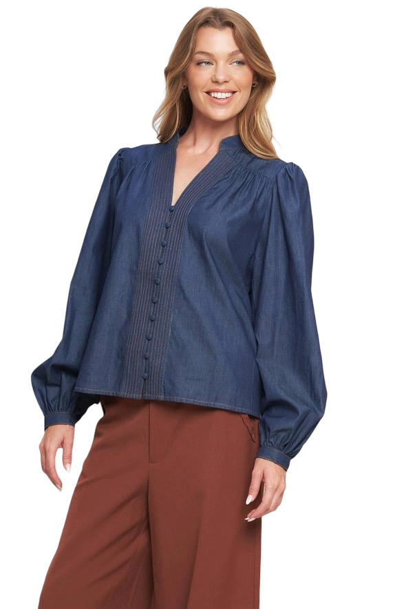 Apparel- Flying Tomato V Neck Detail Denim Top