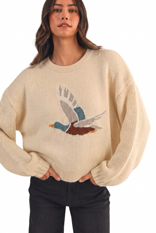 Anniewear Mallard Duck Printed Jacquard Loose Fit Sweater Top