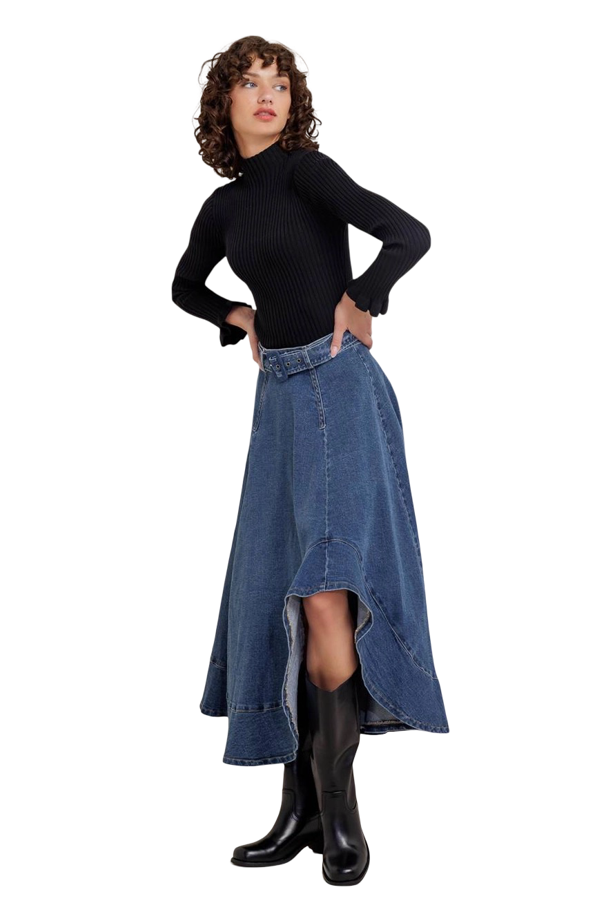 Apparel- Flying Tomato Washed Denim Midi Skirt