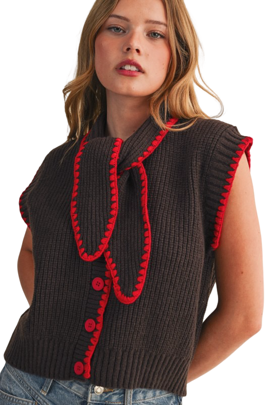 Apparel- En Merci Tie Neck Blanket Stitch Sweater Vest Top