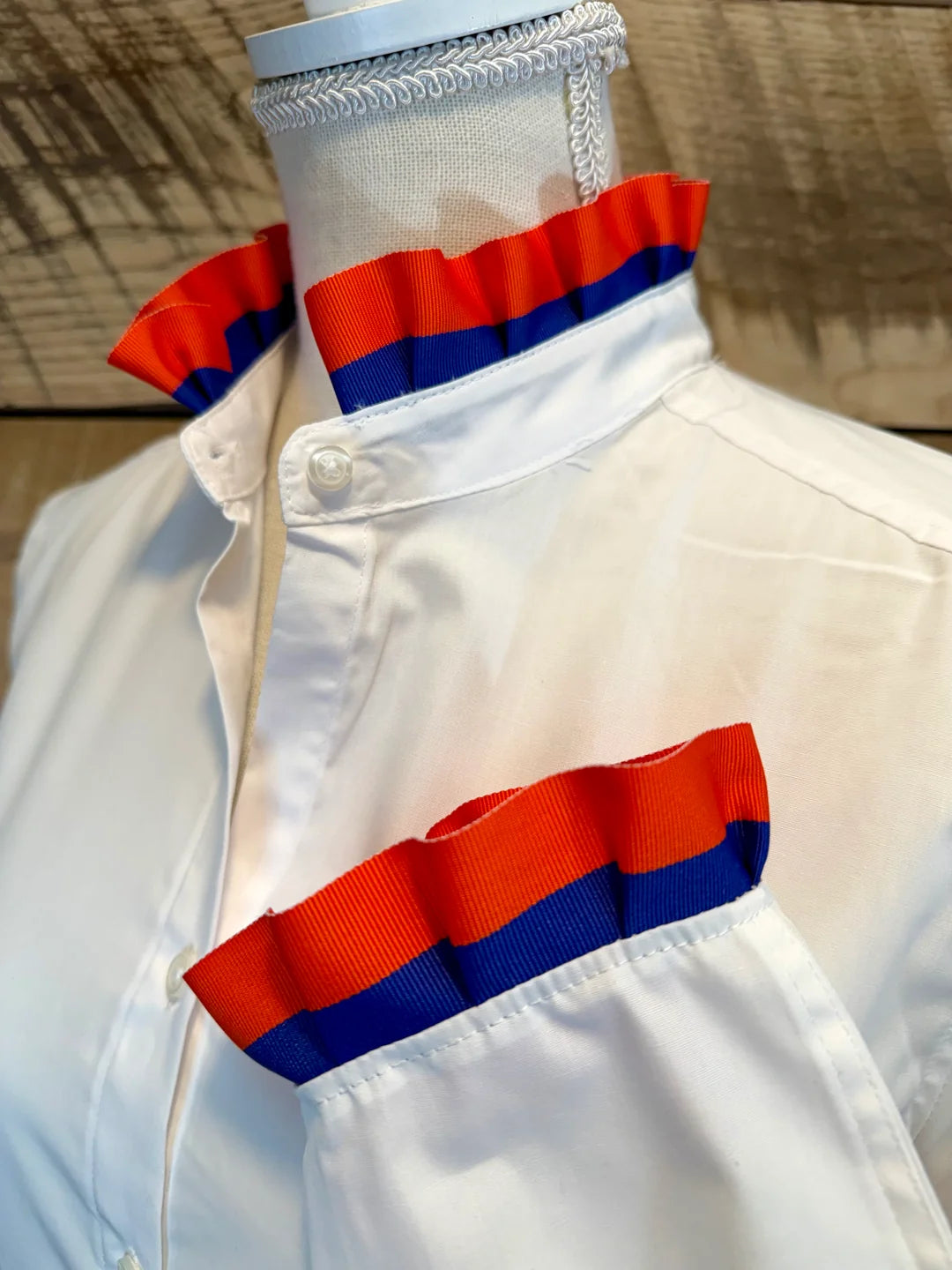 Pearly Vines- Dionne Game Day Ruffled Ribbon Shirt- White with Red & Royal Blue Ribbon