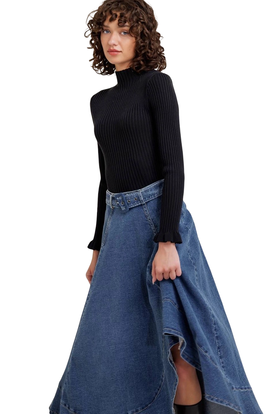 Apparel- Flying Tomato Washed Denim Midi Skirt
