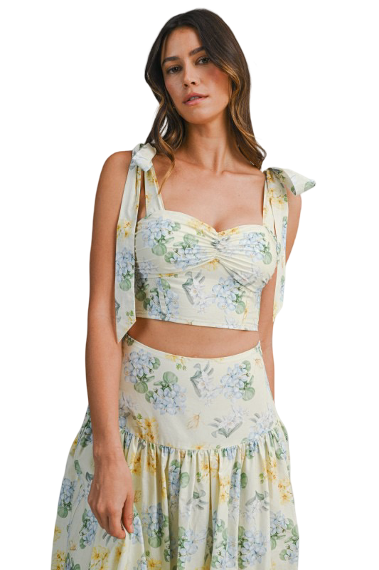 Mable Floral Print Ruched Bust Top and Midi Skirt Set
