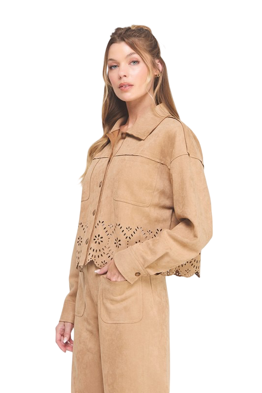 Apparel-Allie Rose Suede Laser Cut Shirt Jacket