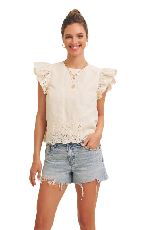 Apparel- In February Eyelet Border Blouse with Ruffled Sleeves
