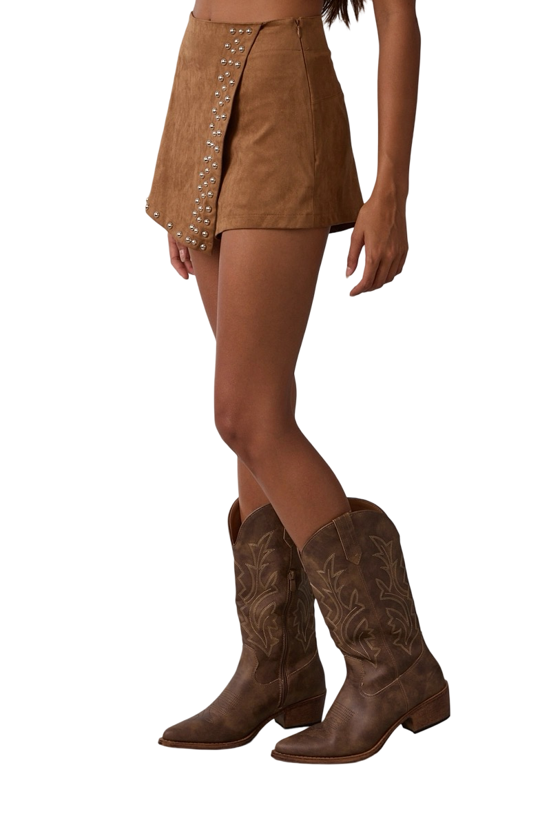 Apparel- Sky to Moon Suede Asymmetrical Studded Mini Skort