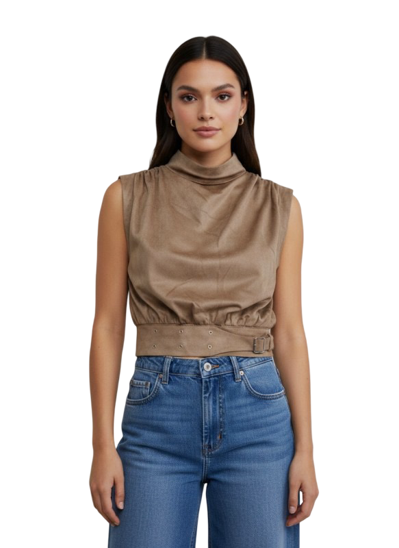 Fore Collection High Neck Sleeveless Top with Banded Waist