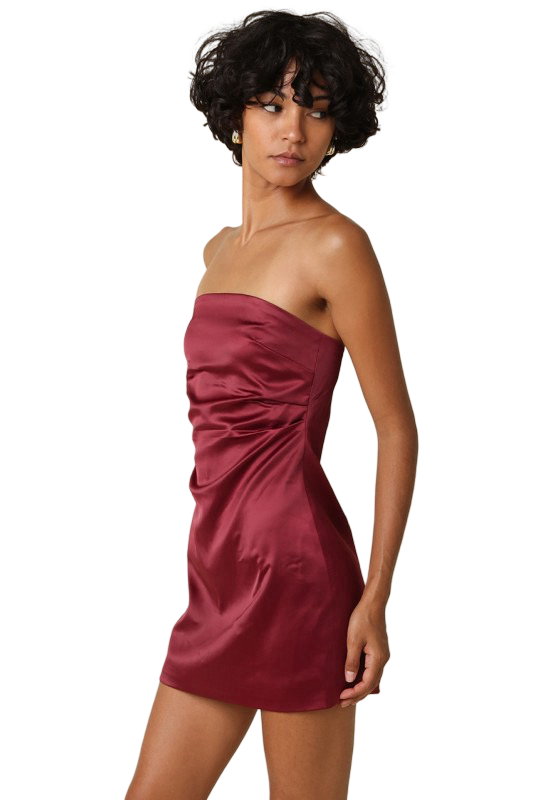 Olivaceous Lia Satin Strapless Ruched Mini Dress