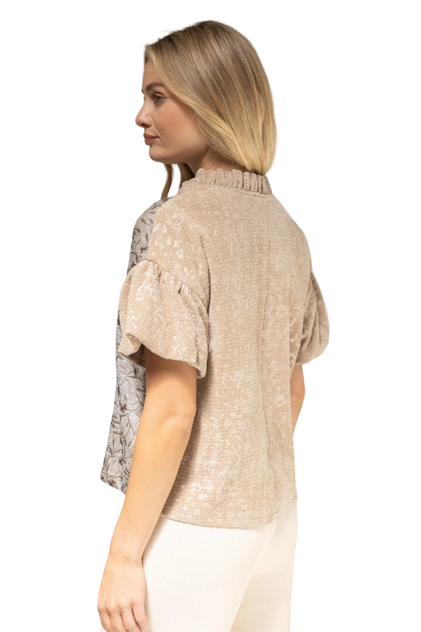 Apparel- VOY Ruffled V Neck Mixed Media Knit Top