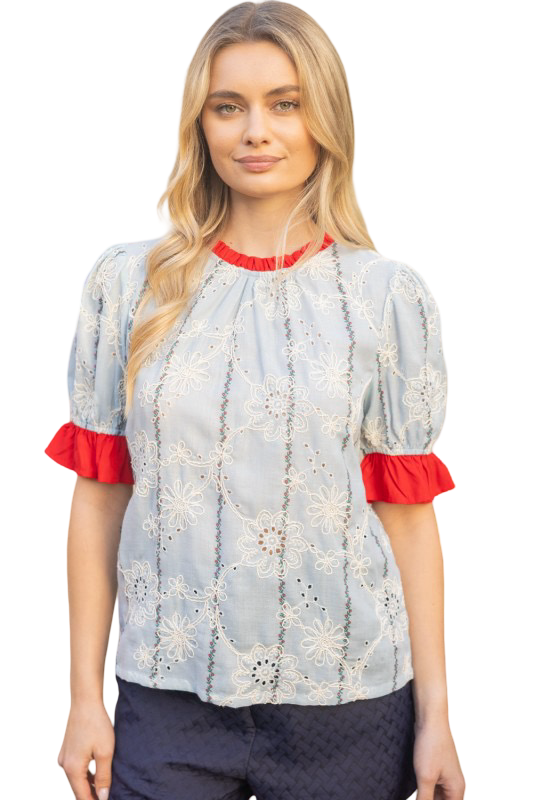 VOY Eyelet Contrast Band and Sleeve Blouse Top