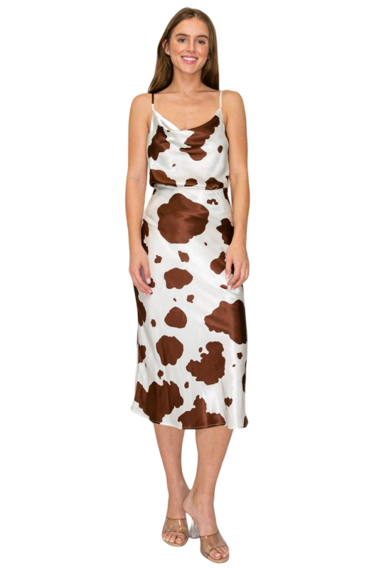DNA Couture Satin Cow Print Midi Skirt