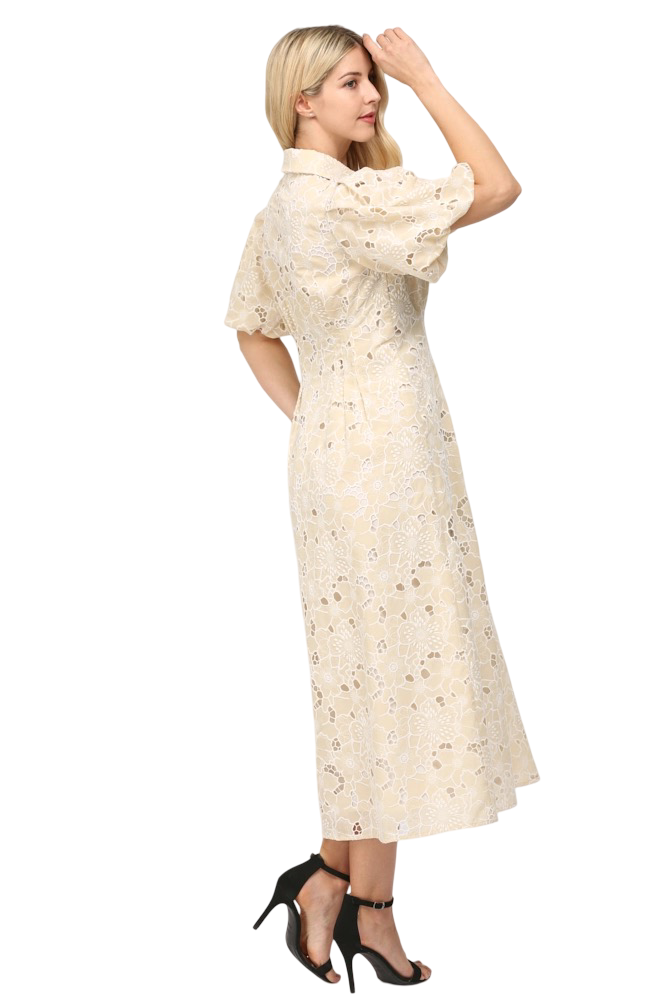 Apparel-Fate Pleated Waist Half Button Eyelet Midi Dress