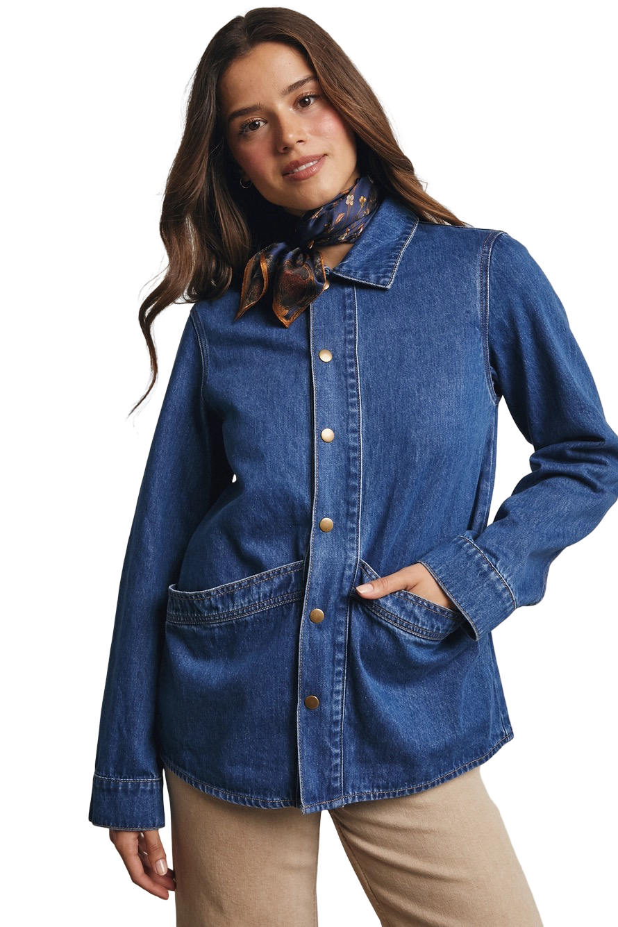 Apparel- Forte Utility Snap Washed Denim Jacket Top