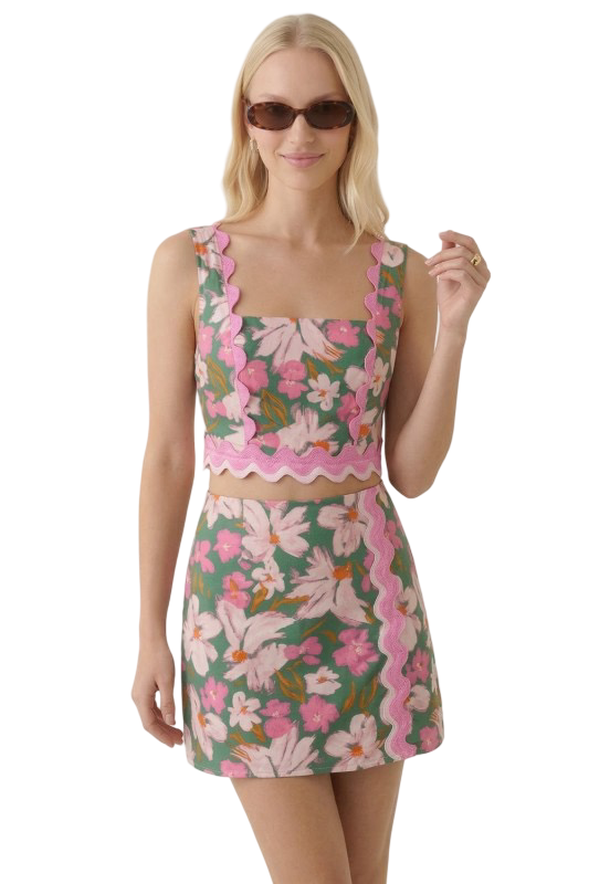 B. Right Floral Linen Top and Mini Skirt Set