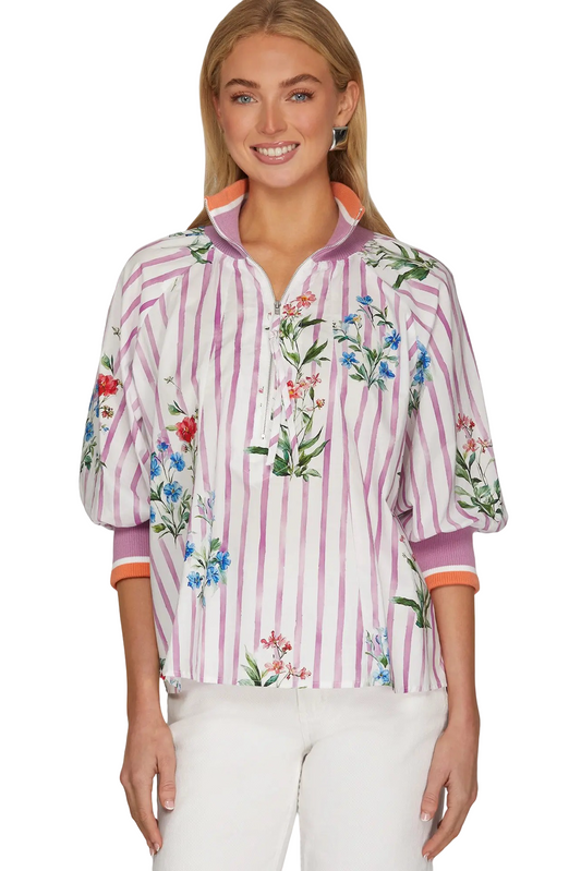 She+Sky 3/4 Sleeve Half Zip Printed Blouse Top