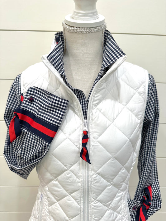 Apparel- Pearly Vine Maggie May- White Quilted Puffer Vest w Navy & Red Stripe Ribbon Trim