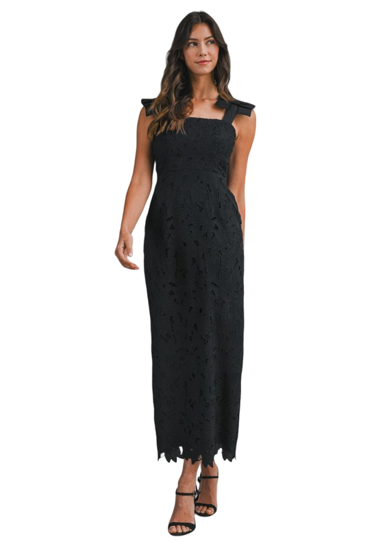 Apparel- Mable Eyelet Lace Shoulder Tie Midi Dress